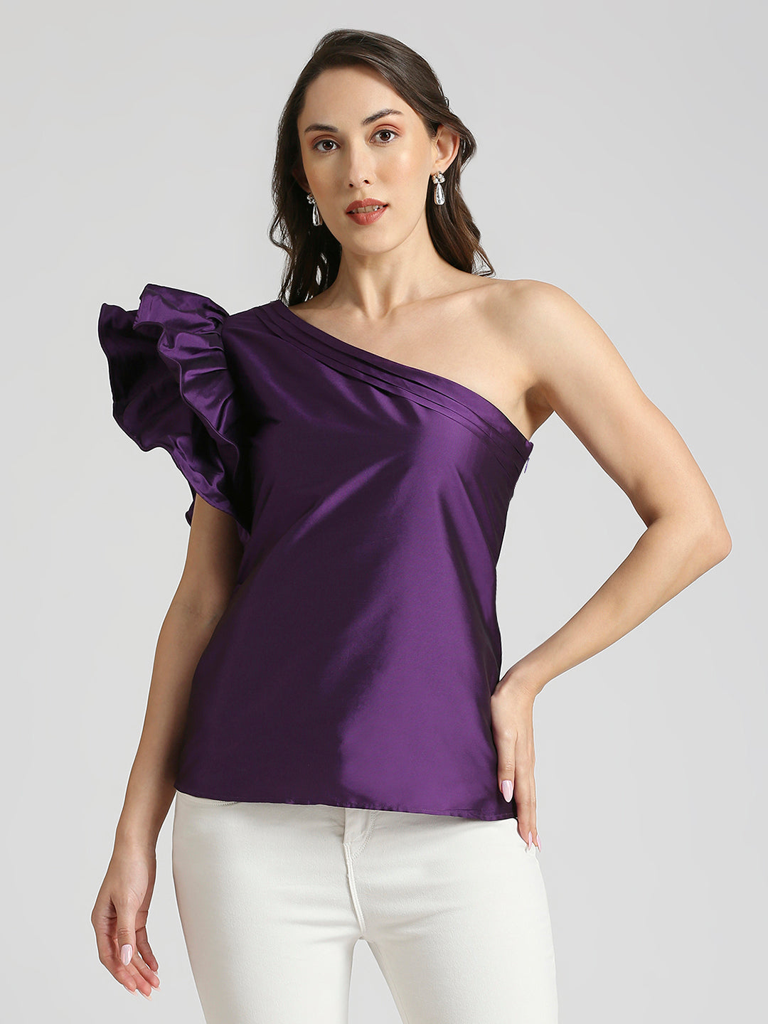 Ladies Tops Ruffle One Shoulder Blouse Regular Fit One-Shoulder