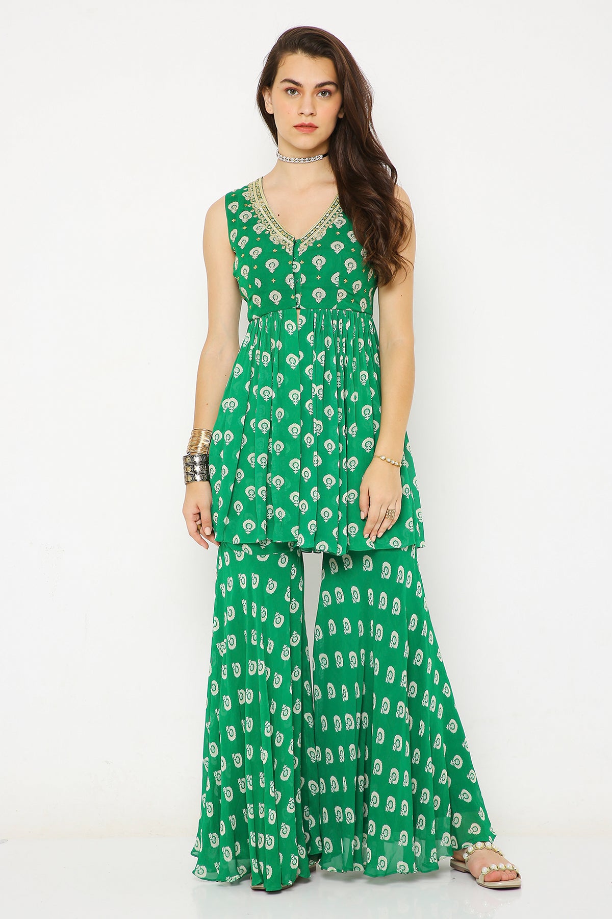Green barfi print shararaset