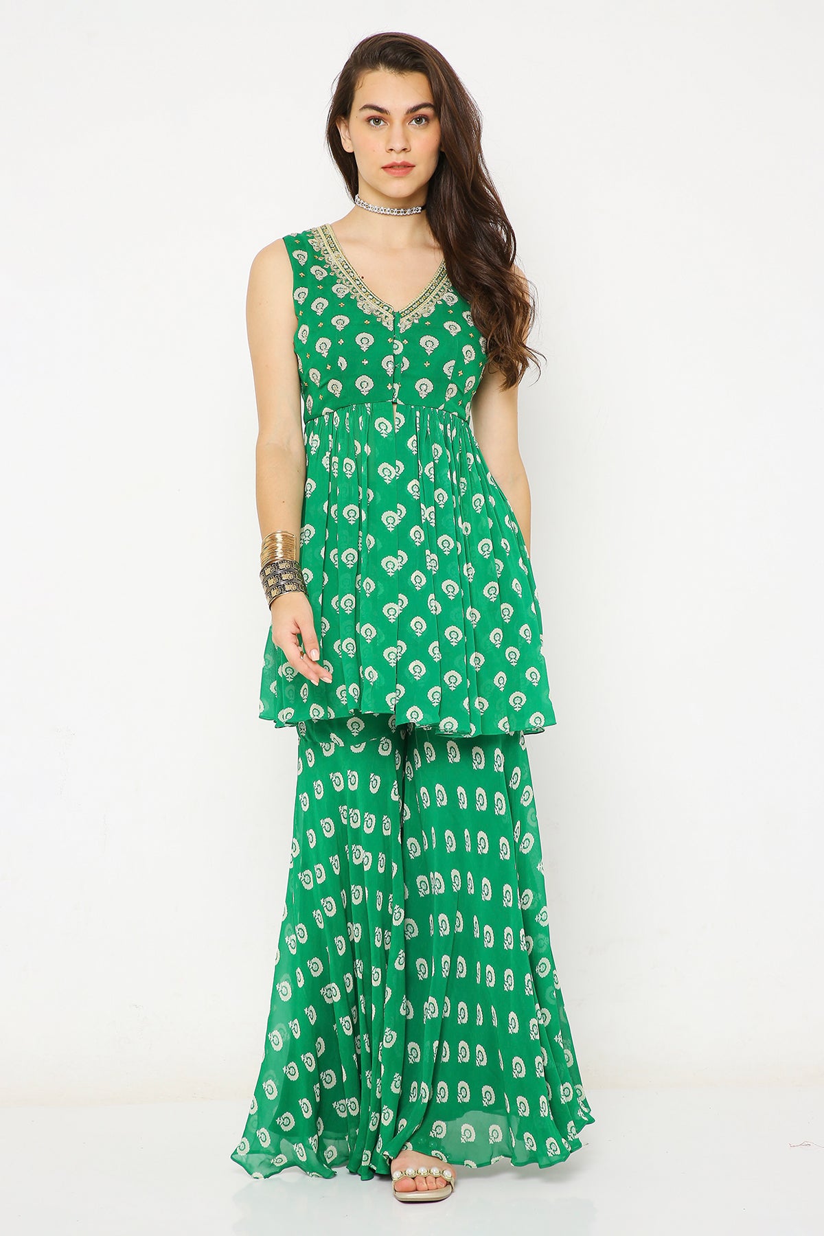 Green barfi print shararaset