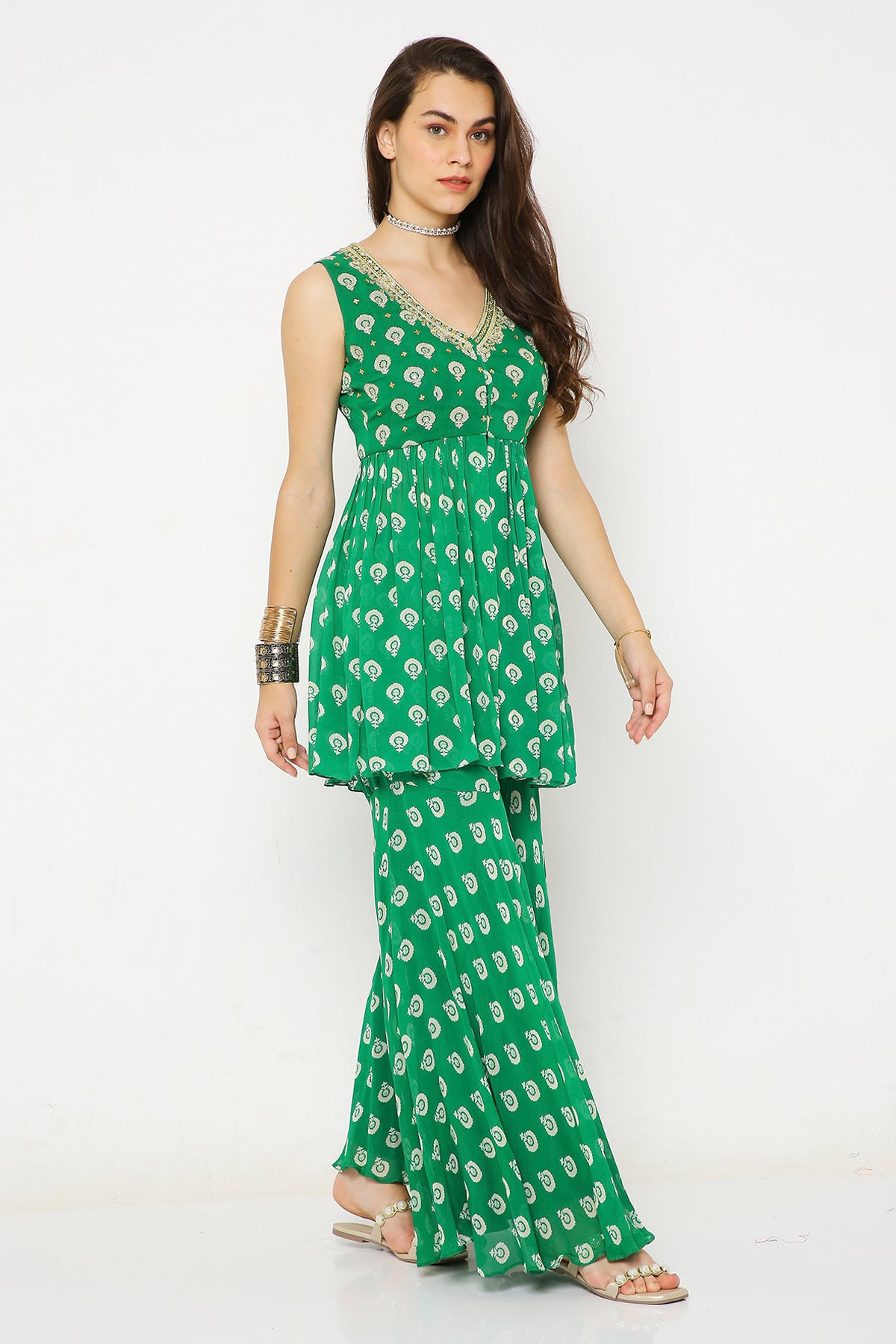 Green barfi print shararaset
