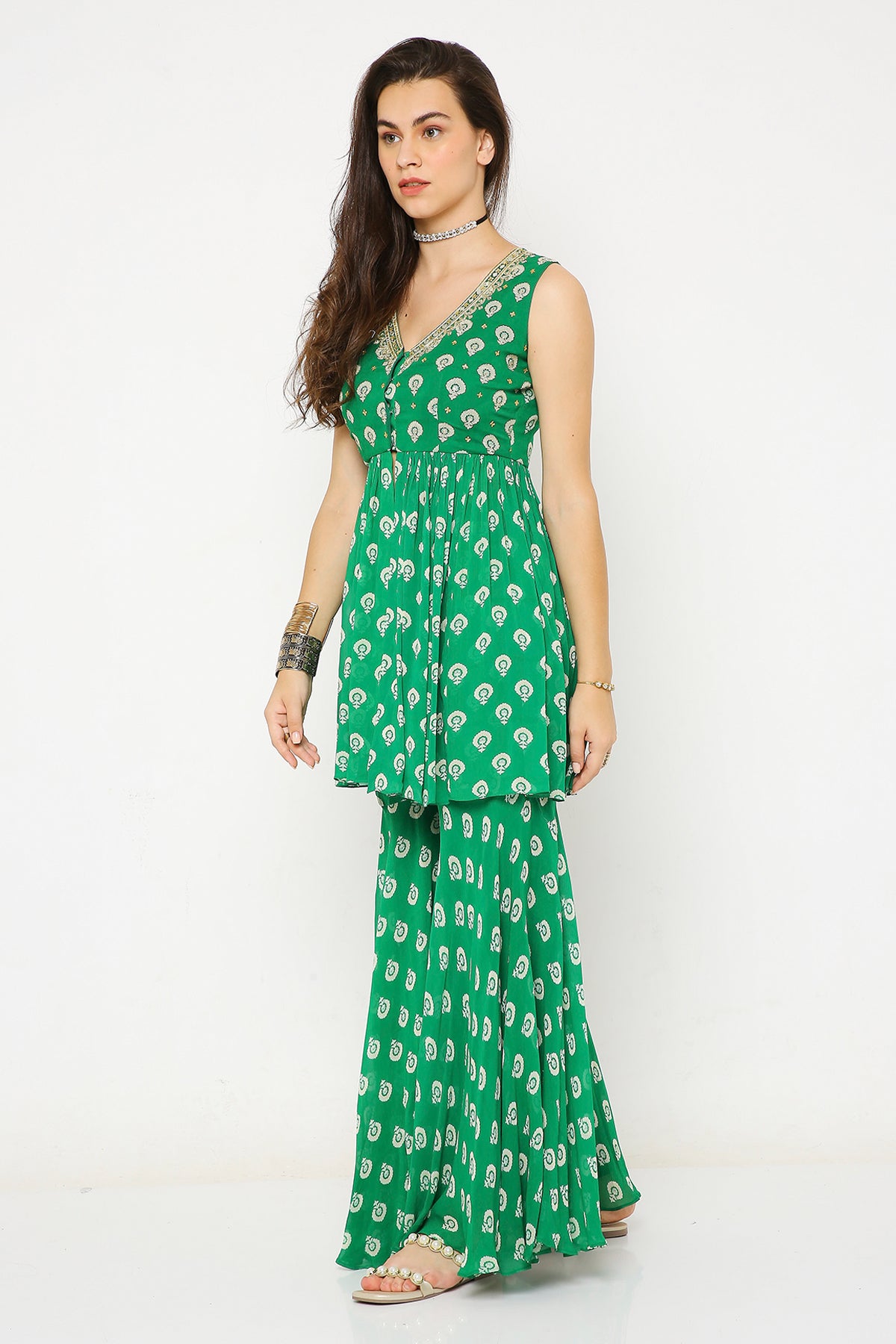 Green barfi print shararaset