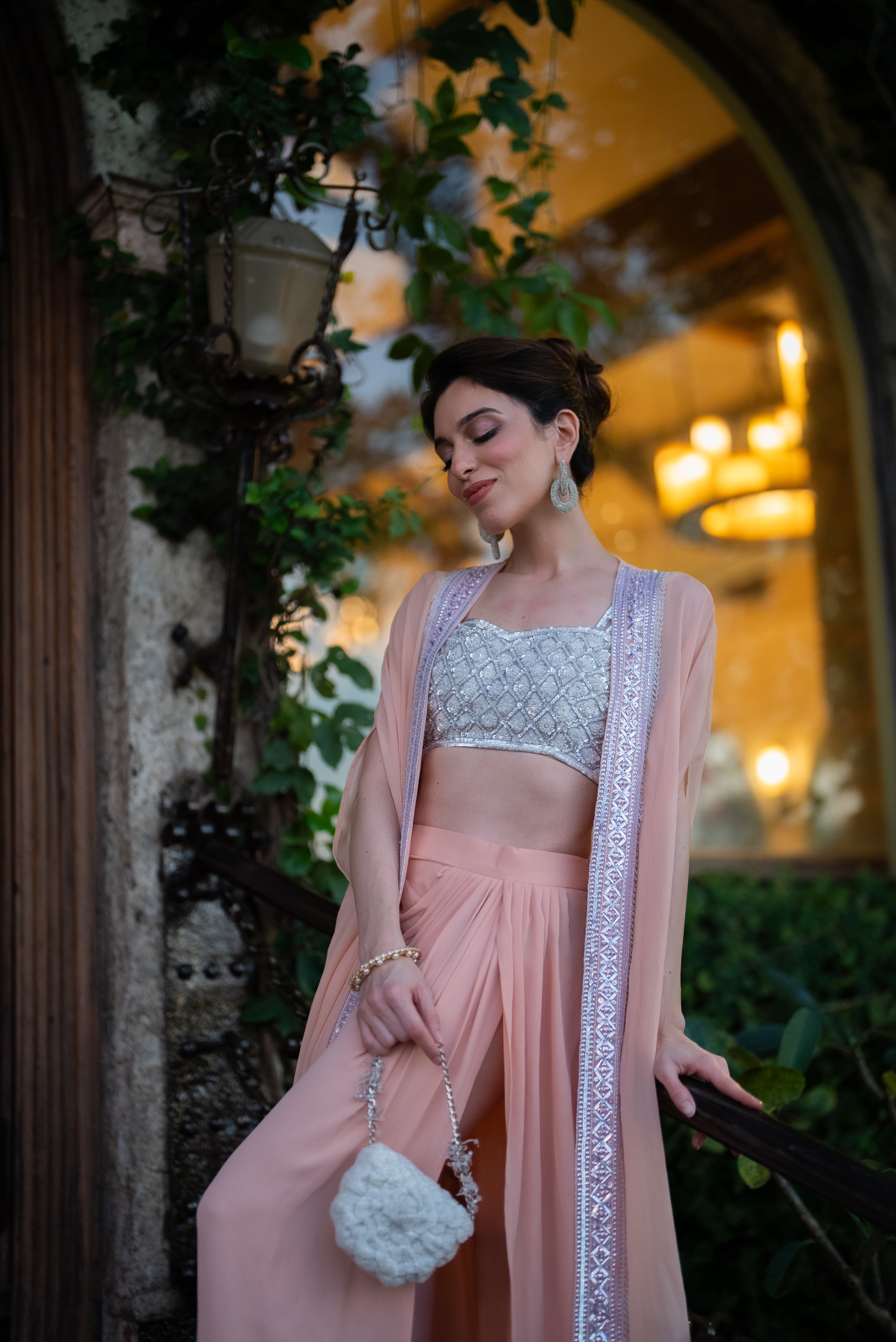 Peach embroidered cape & drapped skirt with off white embroidered bustier