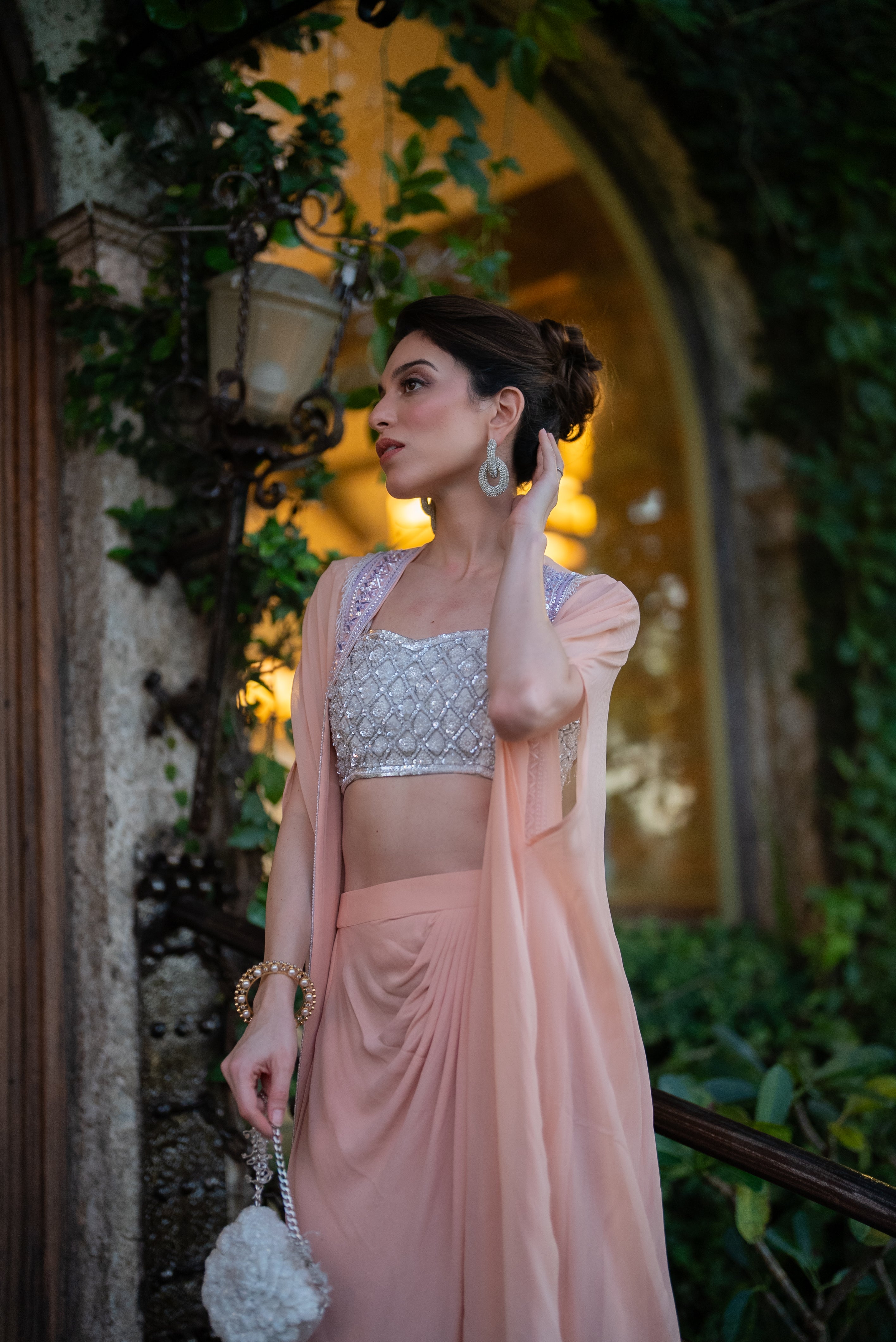 Peach embroidered cape & drapped skirt with off white embroidered bustier