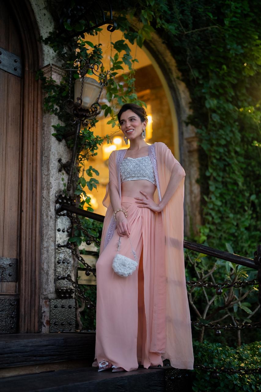 Peach embroidered cape & drapped skirt with off white embroidered bustier