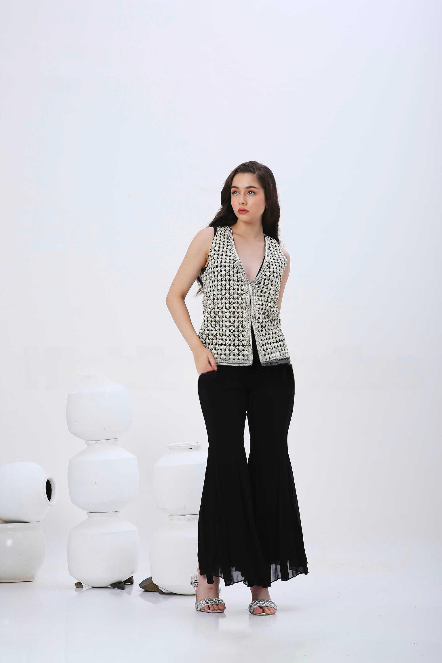 BLACK & WHITE CUTWORK VEST.