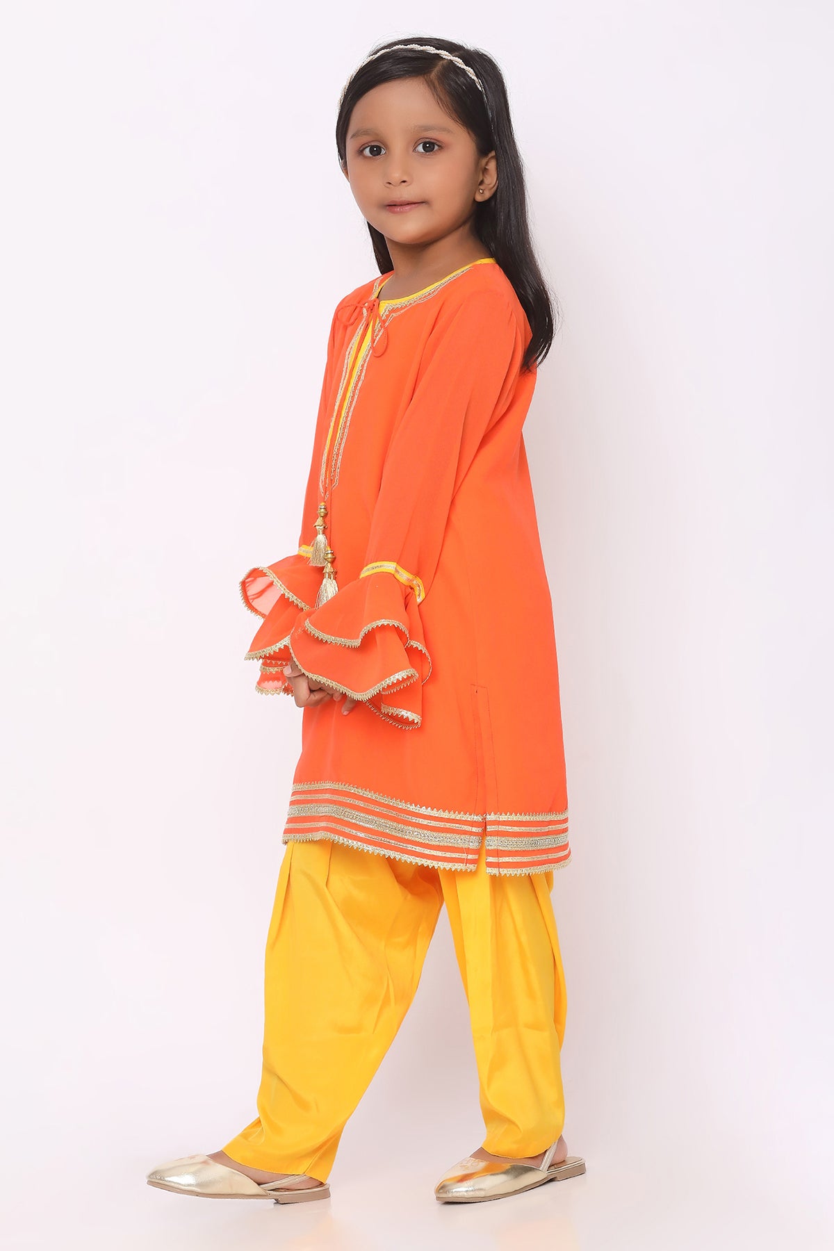 Orange Ruffle Sleeves Kurta Set