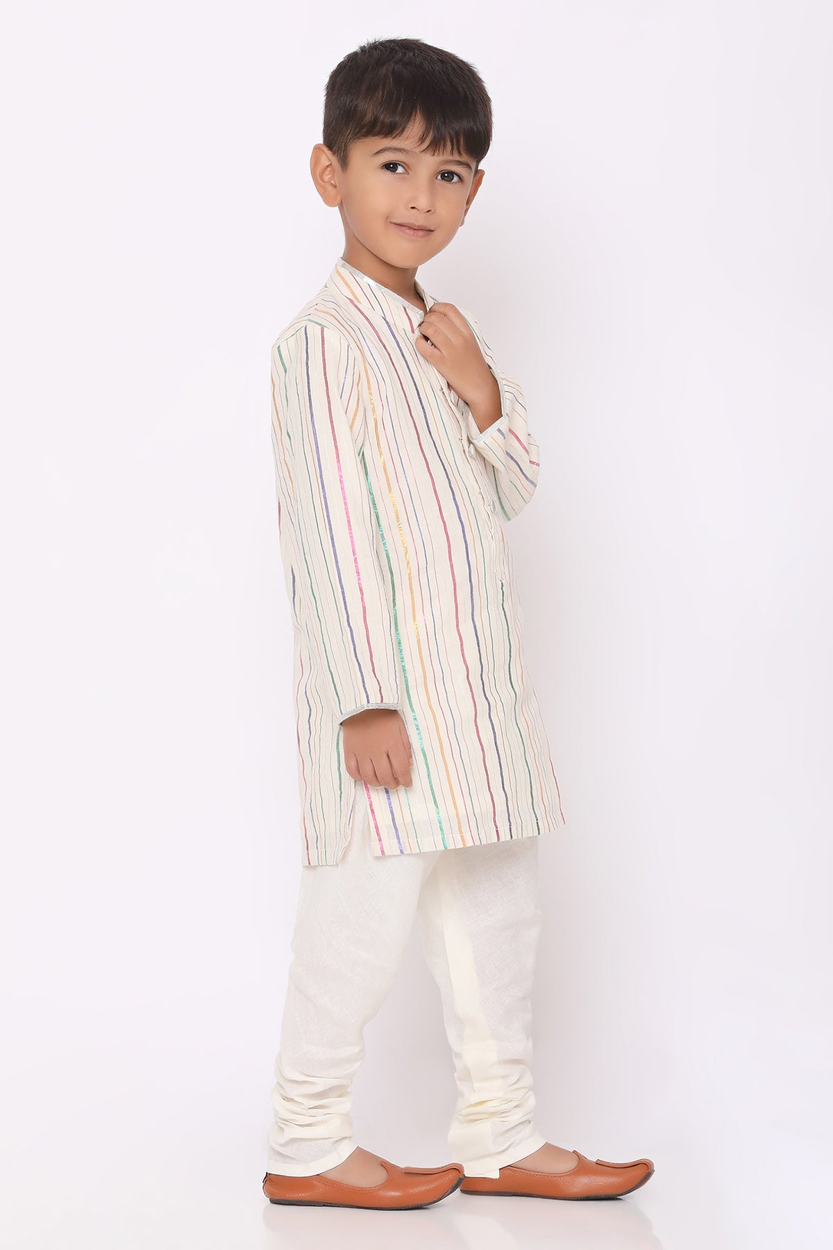 Off White Multistriped Kurta Set