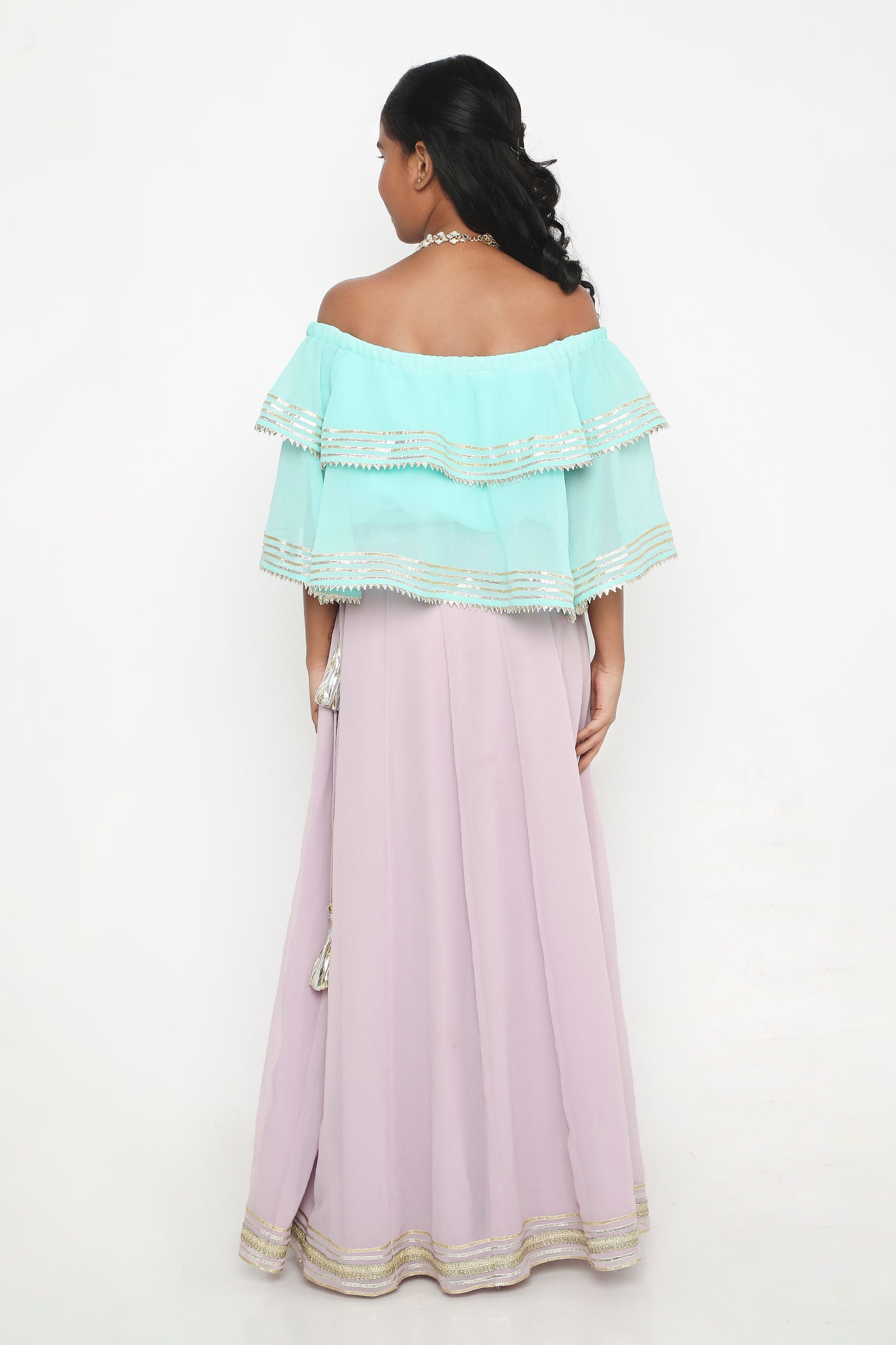 Turquoise and lavender off shoulder lehengaset