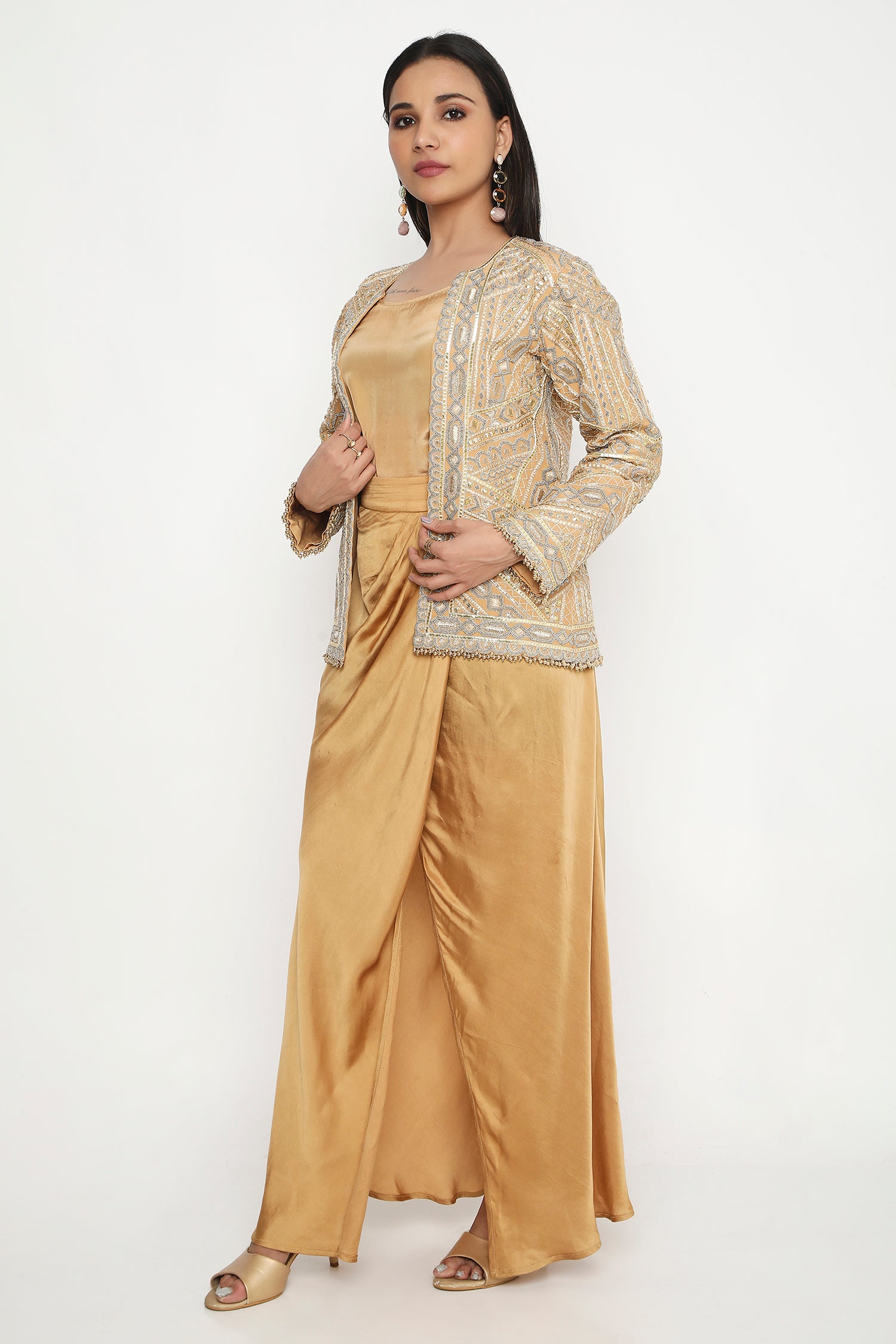 Gold bead embroidered jacket set.