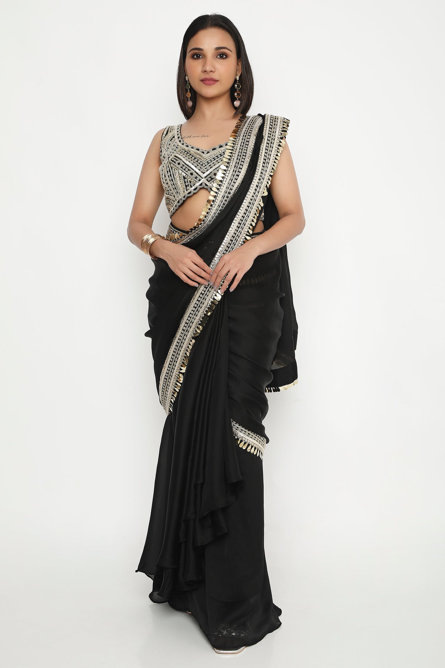 Black gold embroidered pre-stitched saree