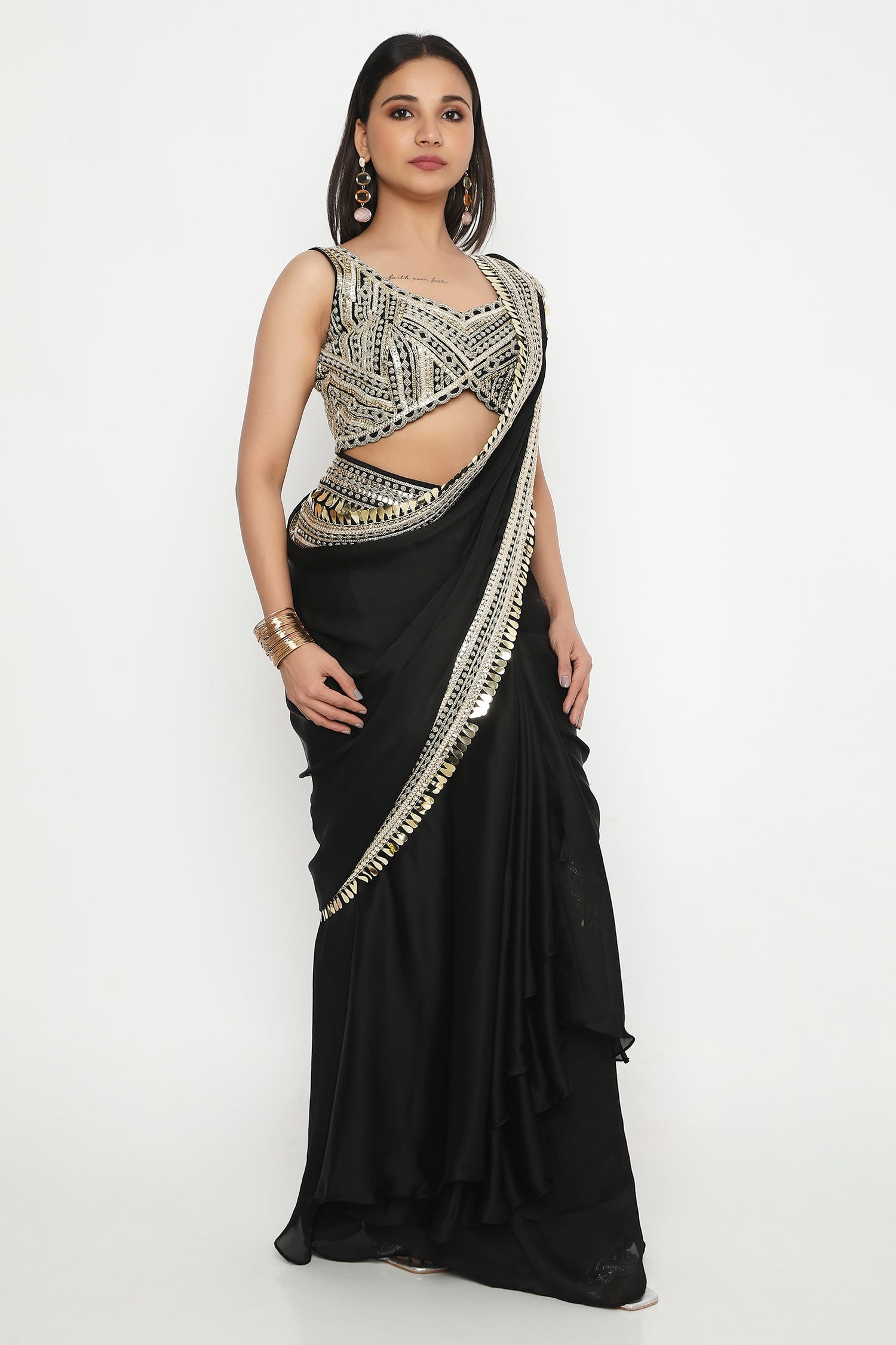 Black gold embroidered pre-stitched saree