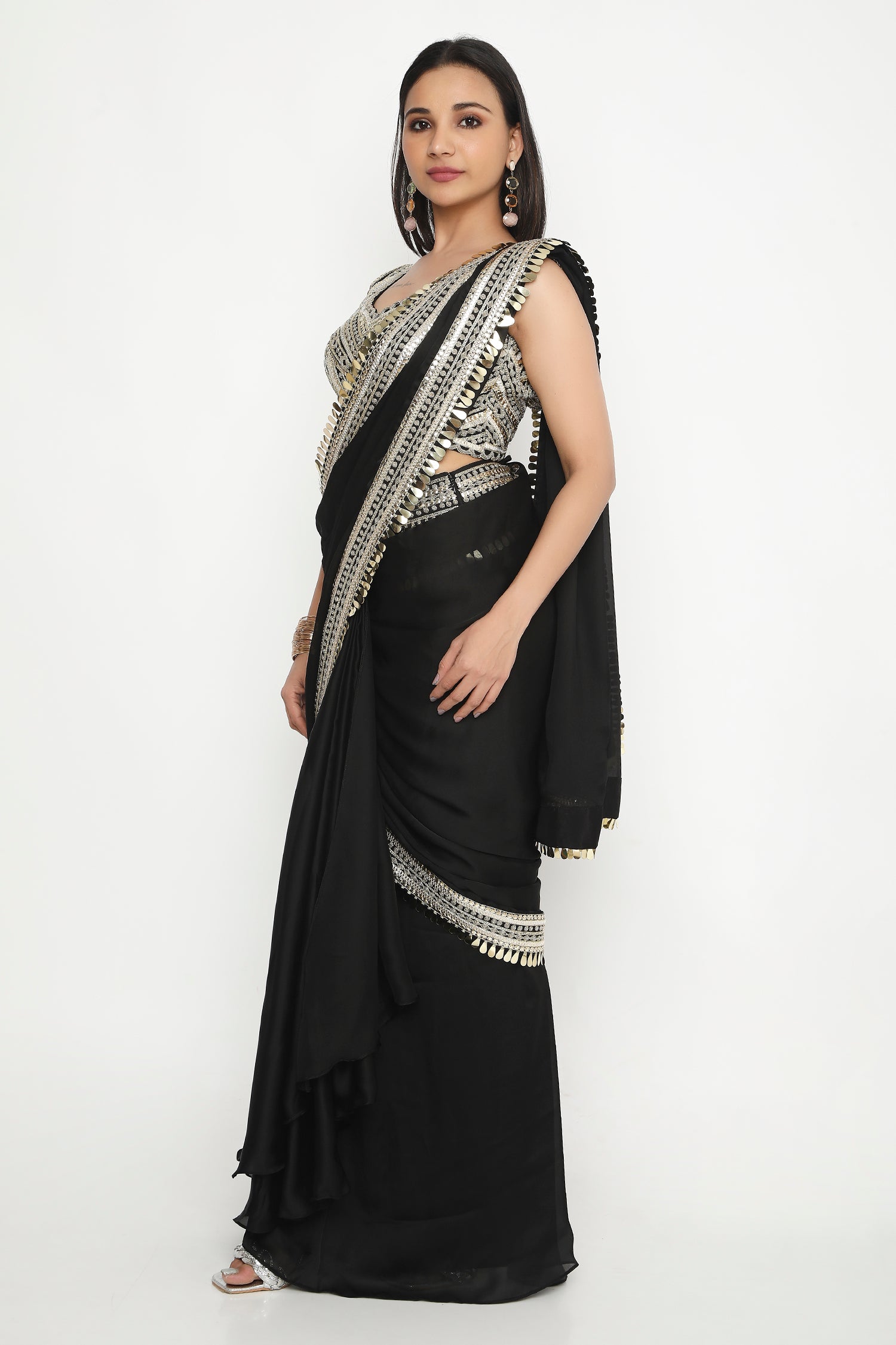 BLACK GOLD EMBROIDERED PRESTITCHED SAREE