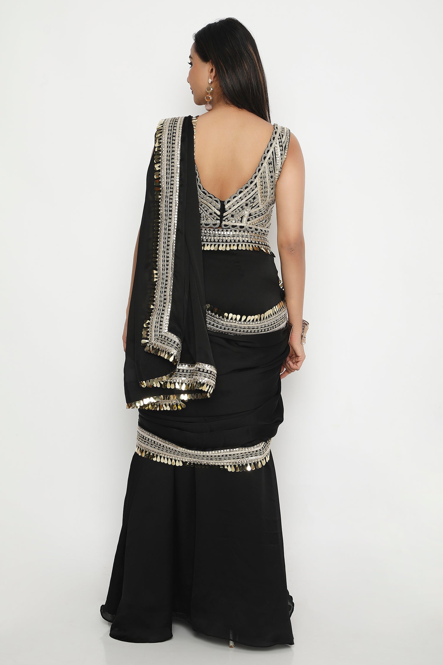 BLACK GOLD EMBROIDERED PRESTITCHED SAREE