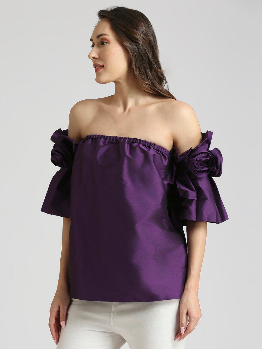 Purple off shoulder top.