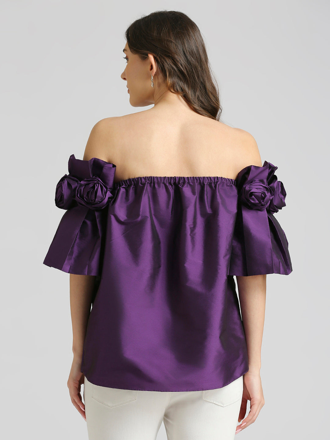 Purple off shoulder top.