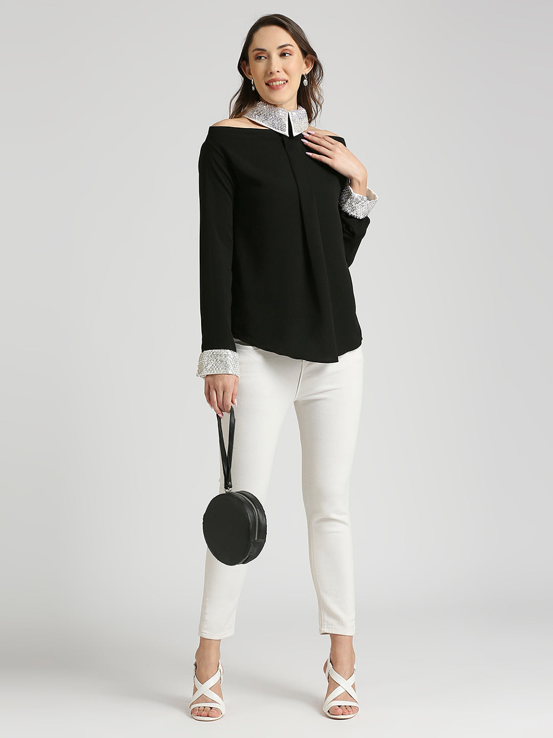 Black & white cold shoulder top