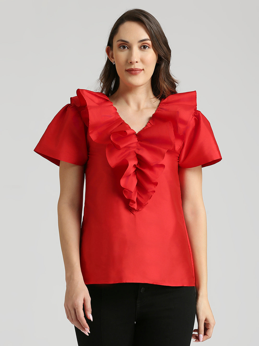 RED FRONT RUFFLE TOP