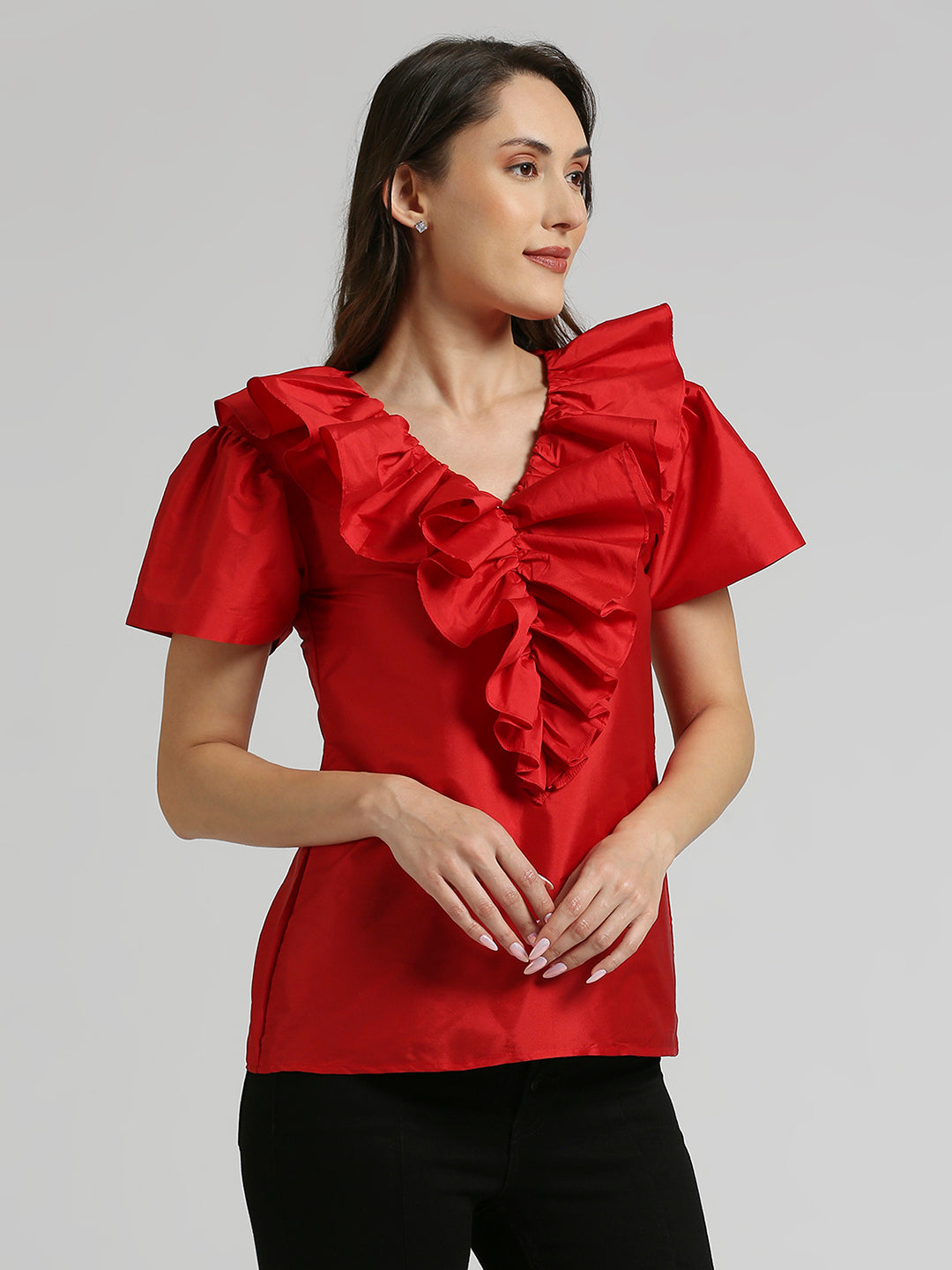 Red front ruffle top.