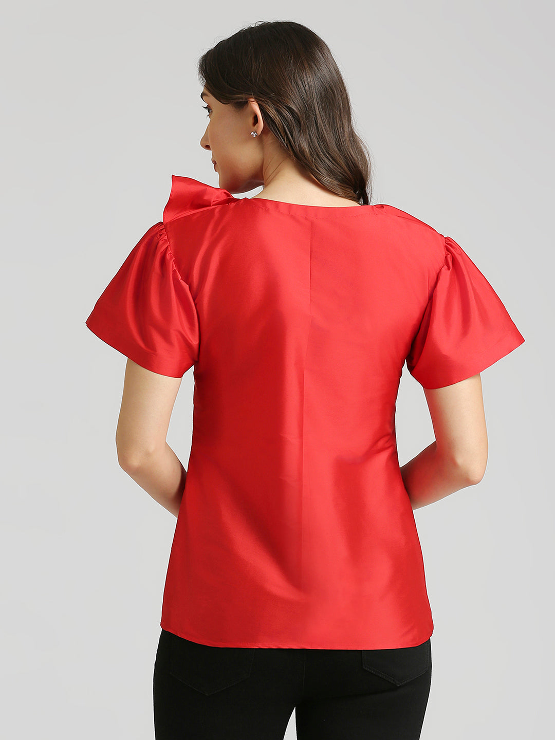 Red front ruffle top.