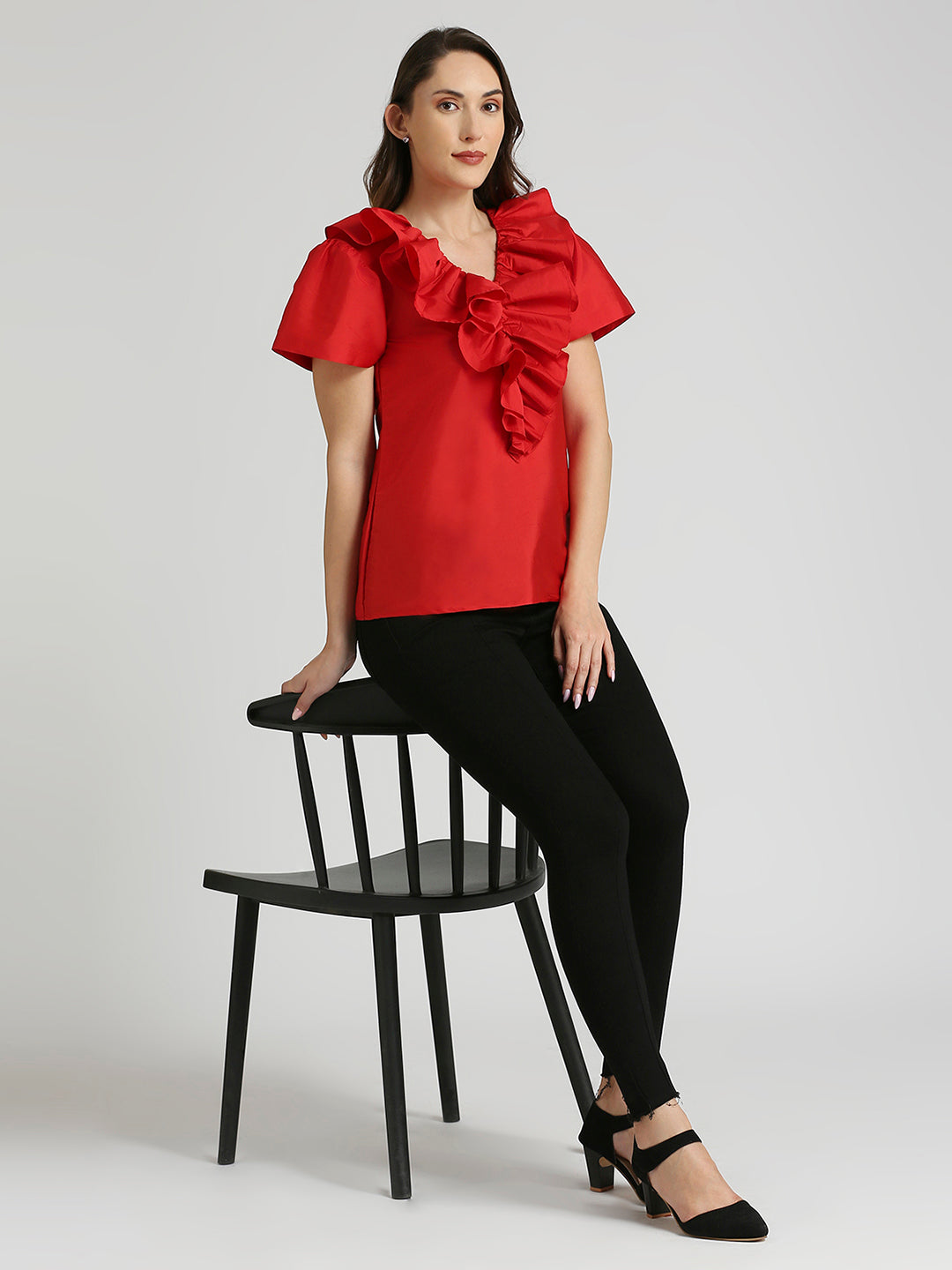 Red front ruffle top.