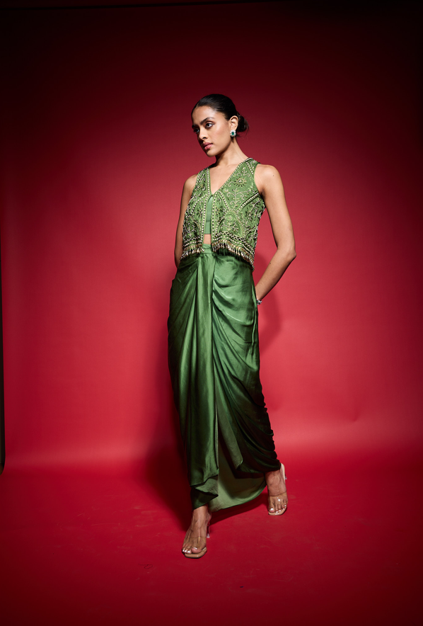MEHENDI GREEN EMBROIDERED CUTOWRK VESTSET
