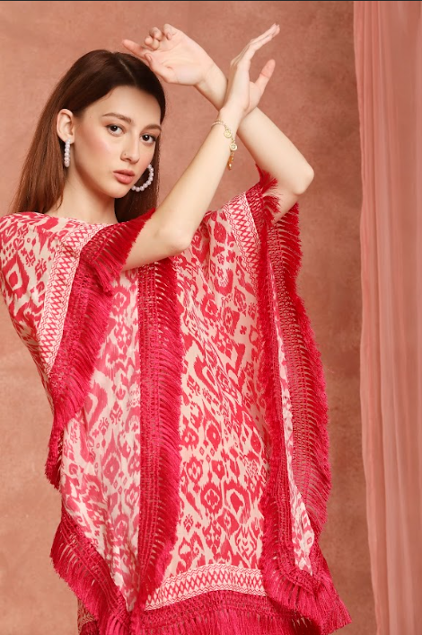 Pink ikkat fringe kaftan co-ordset