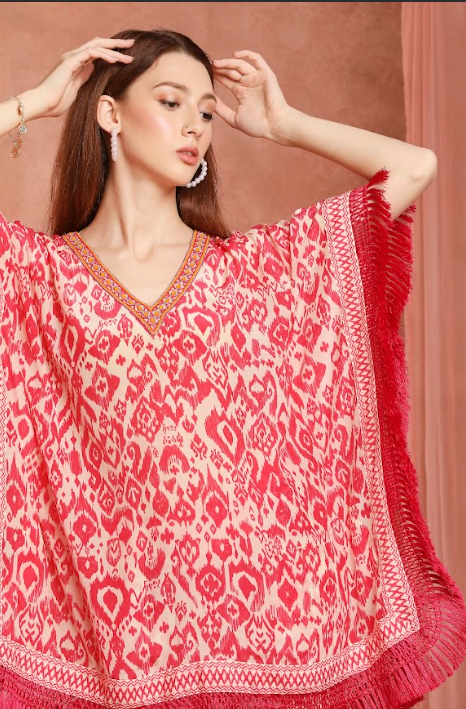 Pink ikkat fringe kaftan co-ordset