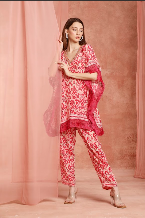 Pink ikkat fringe kaftan co-ordset