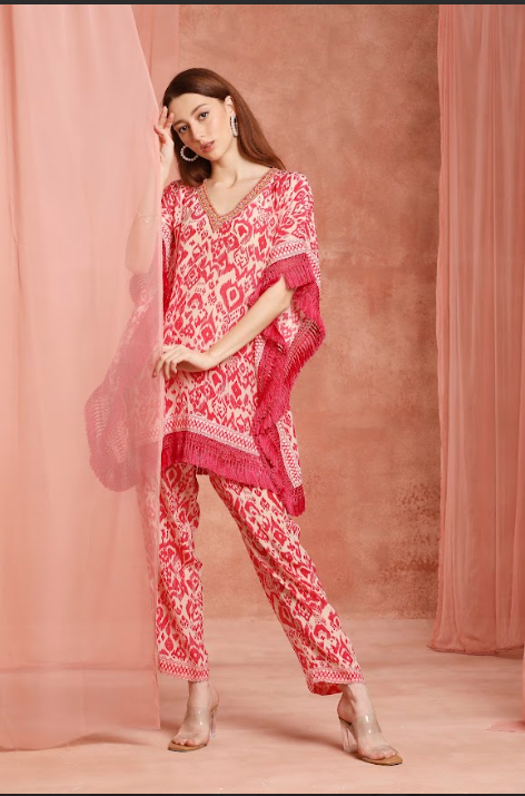 Pink ikkat fringe kaftan co-ordset