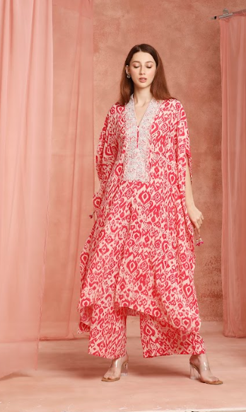 Pink Ikkat Kaftan Set