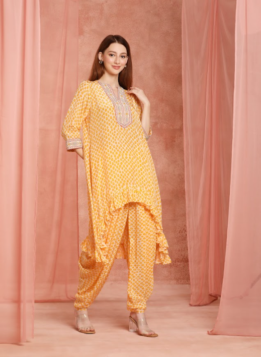 Saffron Polka Ruffle Kurta Set