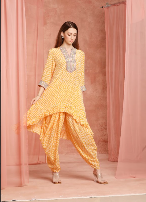 Saffron Polka Ruffle Kurta Set