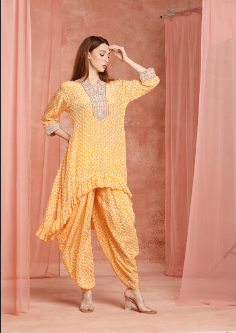 Saffron Polka Ruffle Kurta Set