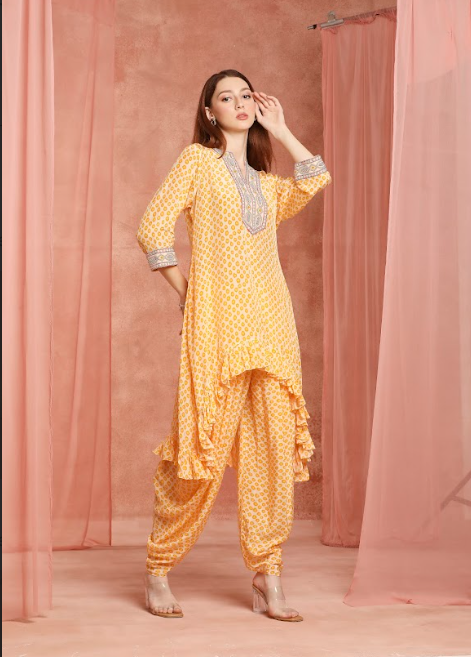 Saffron Polka Ruffle Kurta Set