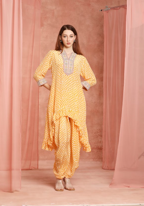 Saffron Polka Ruffle Kurta Set