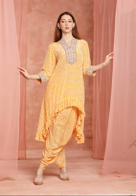 Saffron Polka Ruffle Kurta Set
