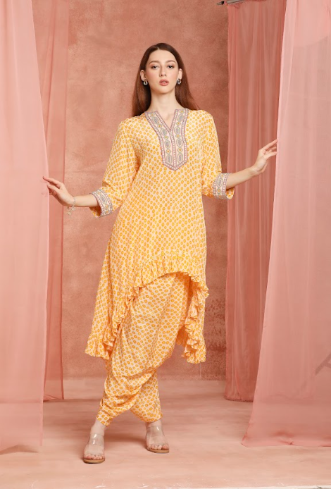 Saffron Polka Ruffle Kurta Set