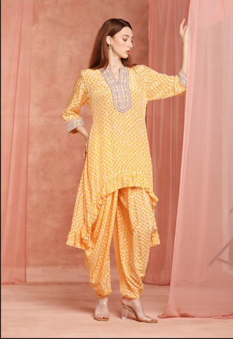 Saffron Polka Ruffle Kurta Set