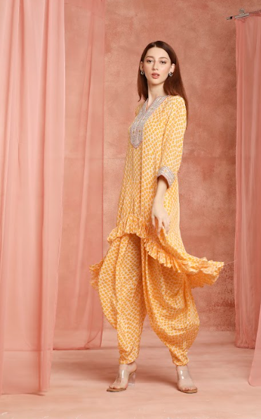 Saffron Polka Ruffle Kurta Set