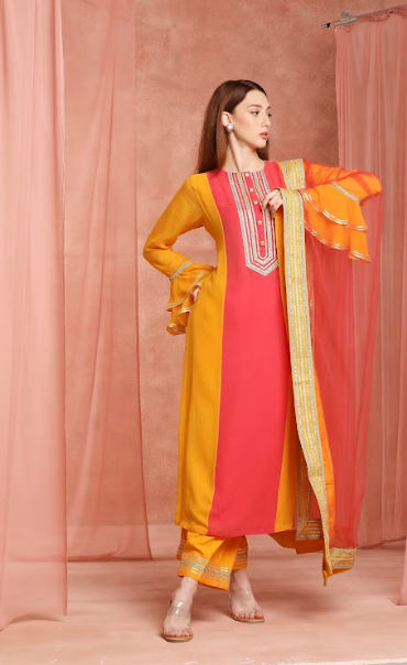 Saffron color block straight kurtaset