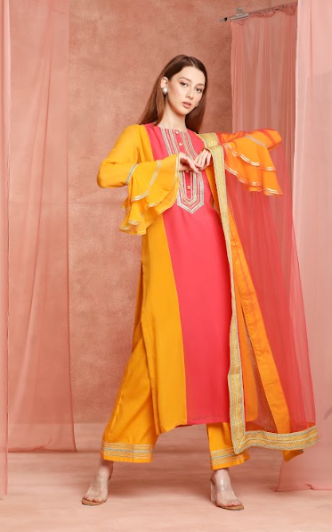 Saffron color block straight kurtaset