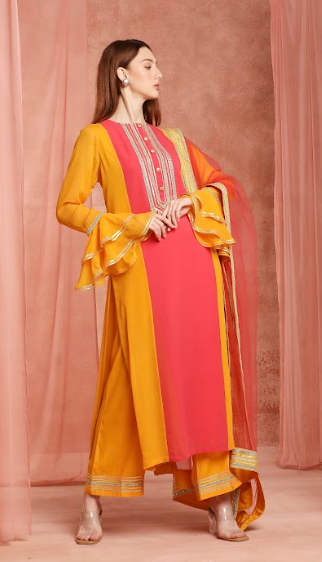 Saffron color block straight kurtaset