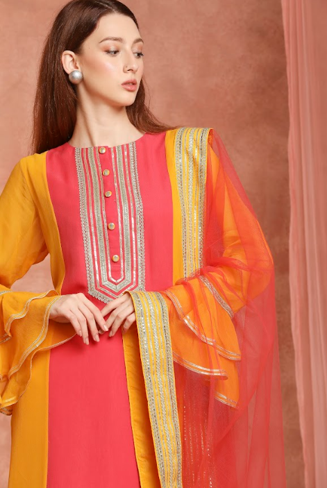 Saffron color block straight kurtaset