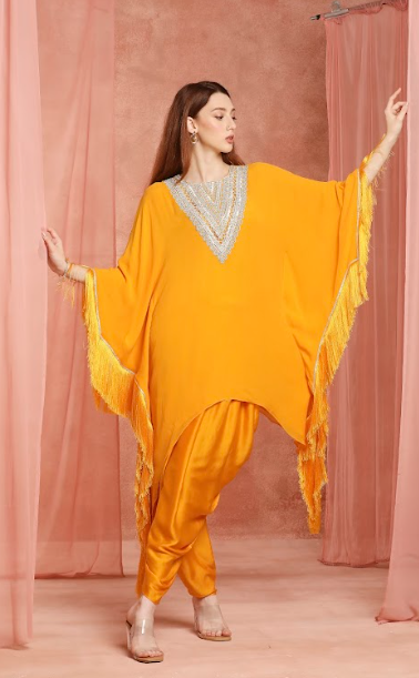Saffron Fringe Kaftan Set