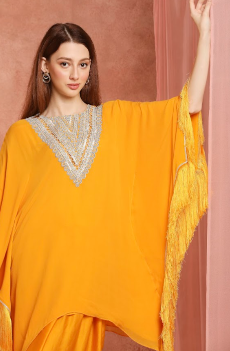 Saffron Fringe Kaftan Set