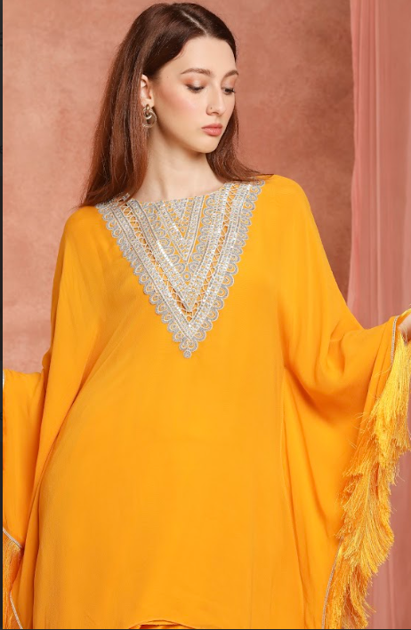 Saffron Fringe Kaftan Set