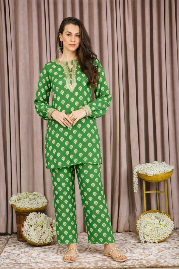 Green barfi embroidered co-ordsets.