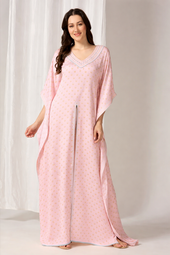 Baby pink flower front slit kaftan.