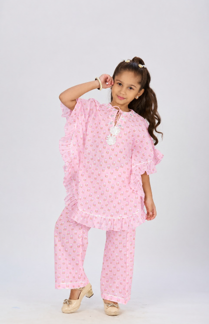 Pink flower ruffle kaftan co-ordsets.
