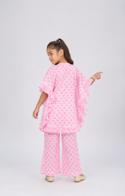 Pink flower ruffle kaftan co-ordsets.